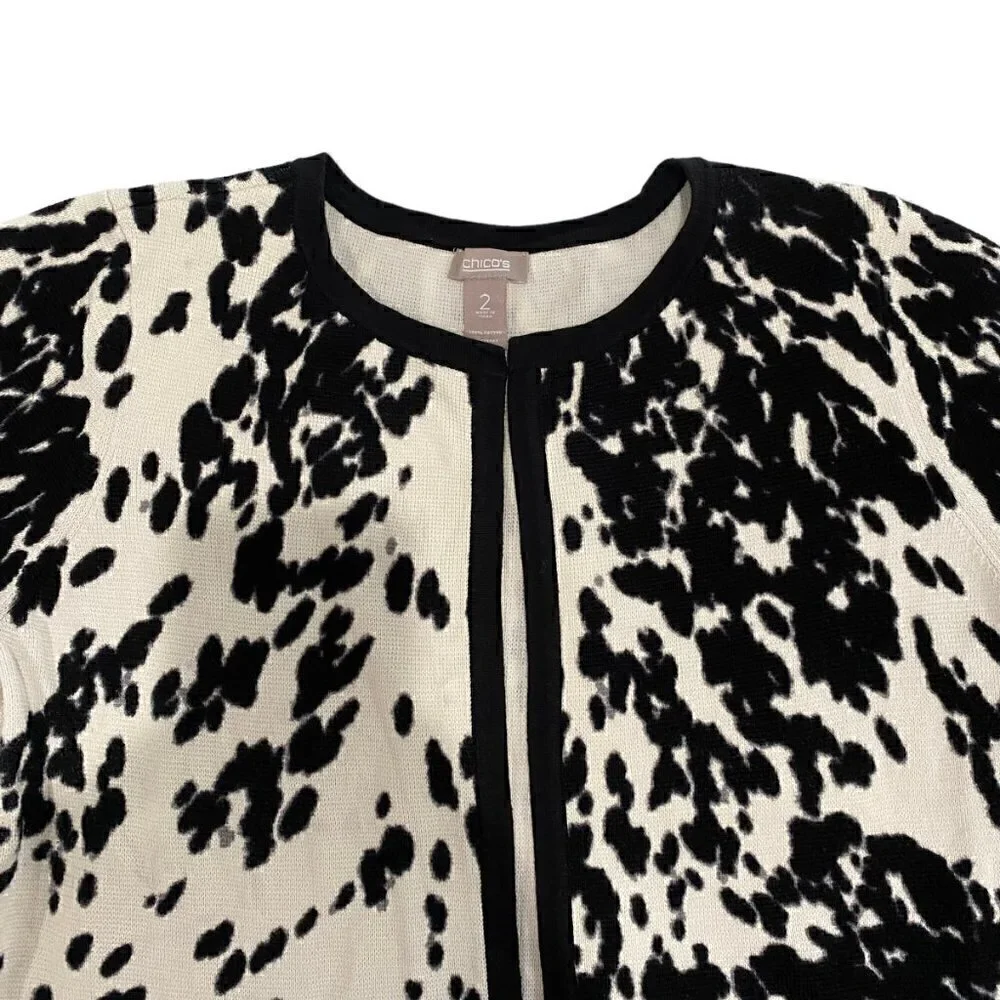 Chico's Women Cardigan Sweater Open Front Short Sleeve Cream Black Pony Print 2